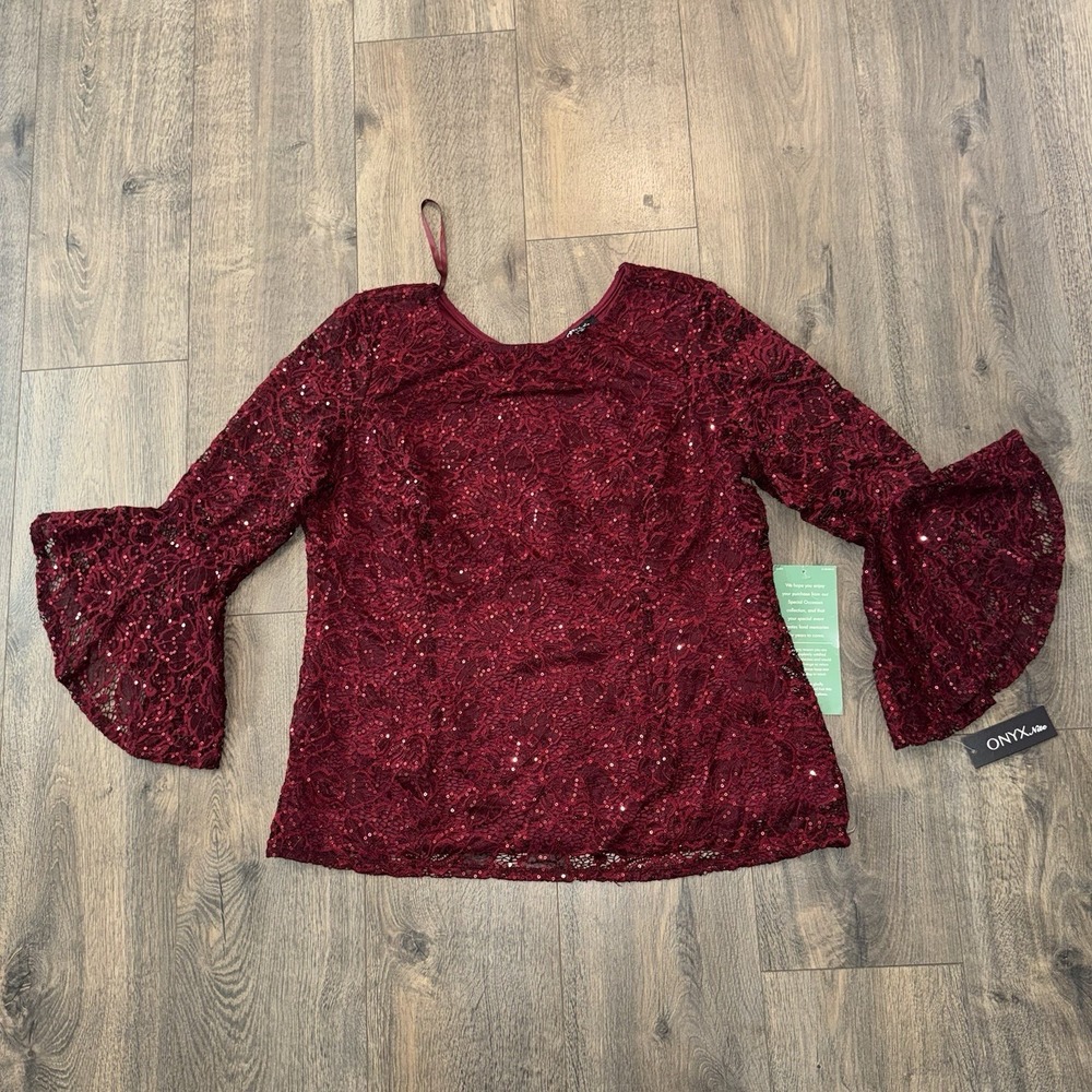 Onyx Nite Woman Sz XL Dark Fairy Holiday Top Red Lace Sequin Bell Sleeve Zip Up